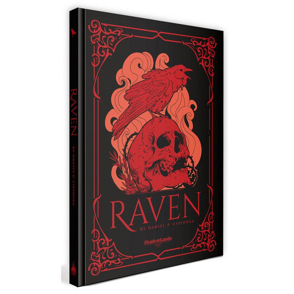 Raven RPG book cover with a red raven perched on a red skull against a dark background.