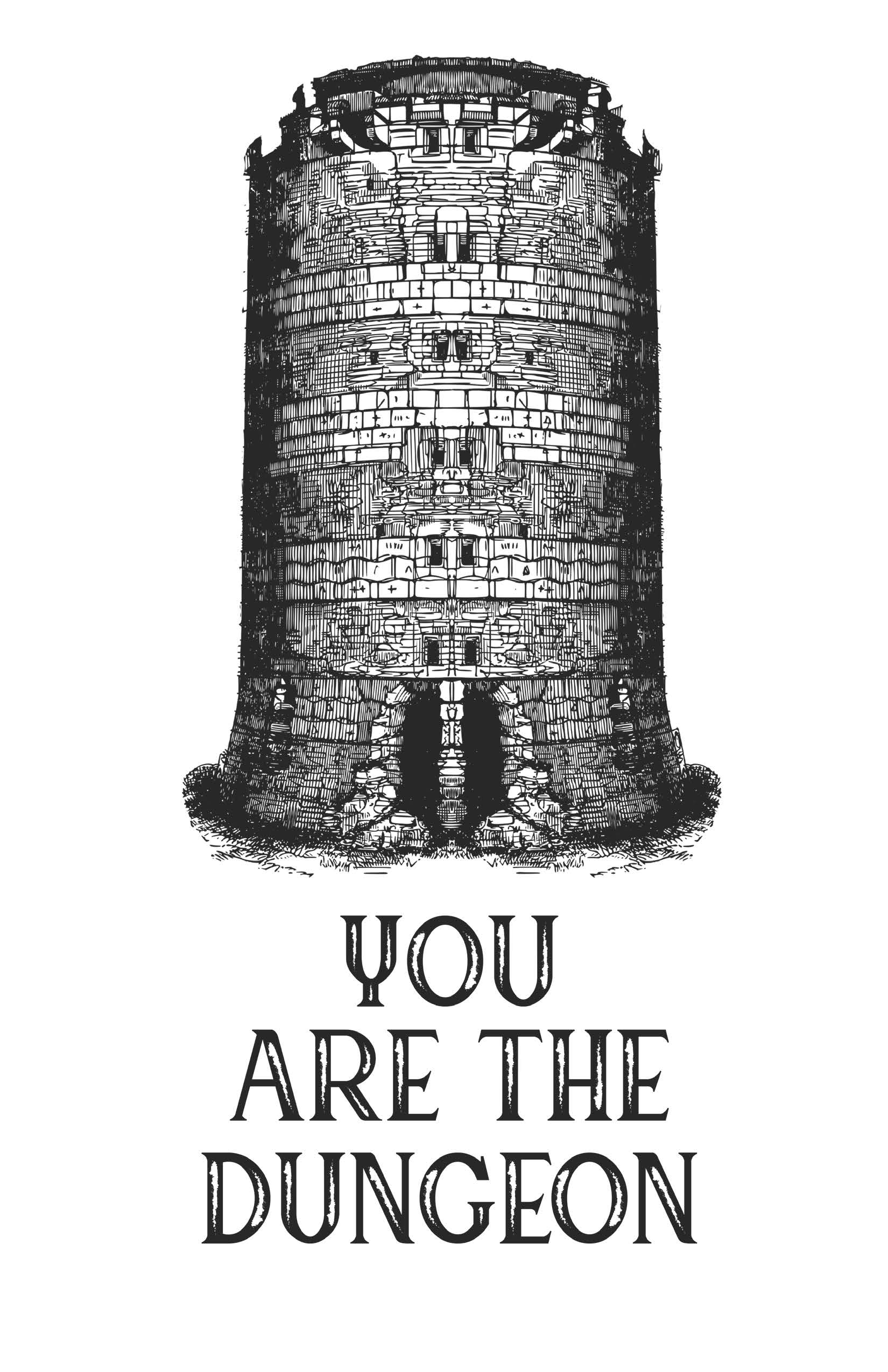 You Are The Dungeon solo RPG journaling game featuring a black and white illustration of a round stone tower.
