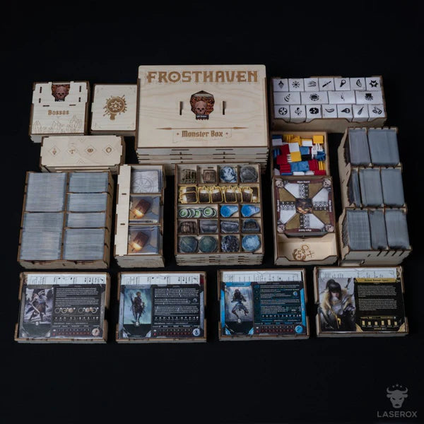 Frosthaven LaserOx Monster Box Organizer with labeled wooden boxes, sleeved card slots, and a monster tray.
