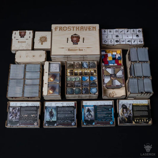 Frosthaven LaserOx Monster Box Organizer with labeled wooden boxes, sleeved card slots, and a monster tray.