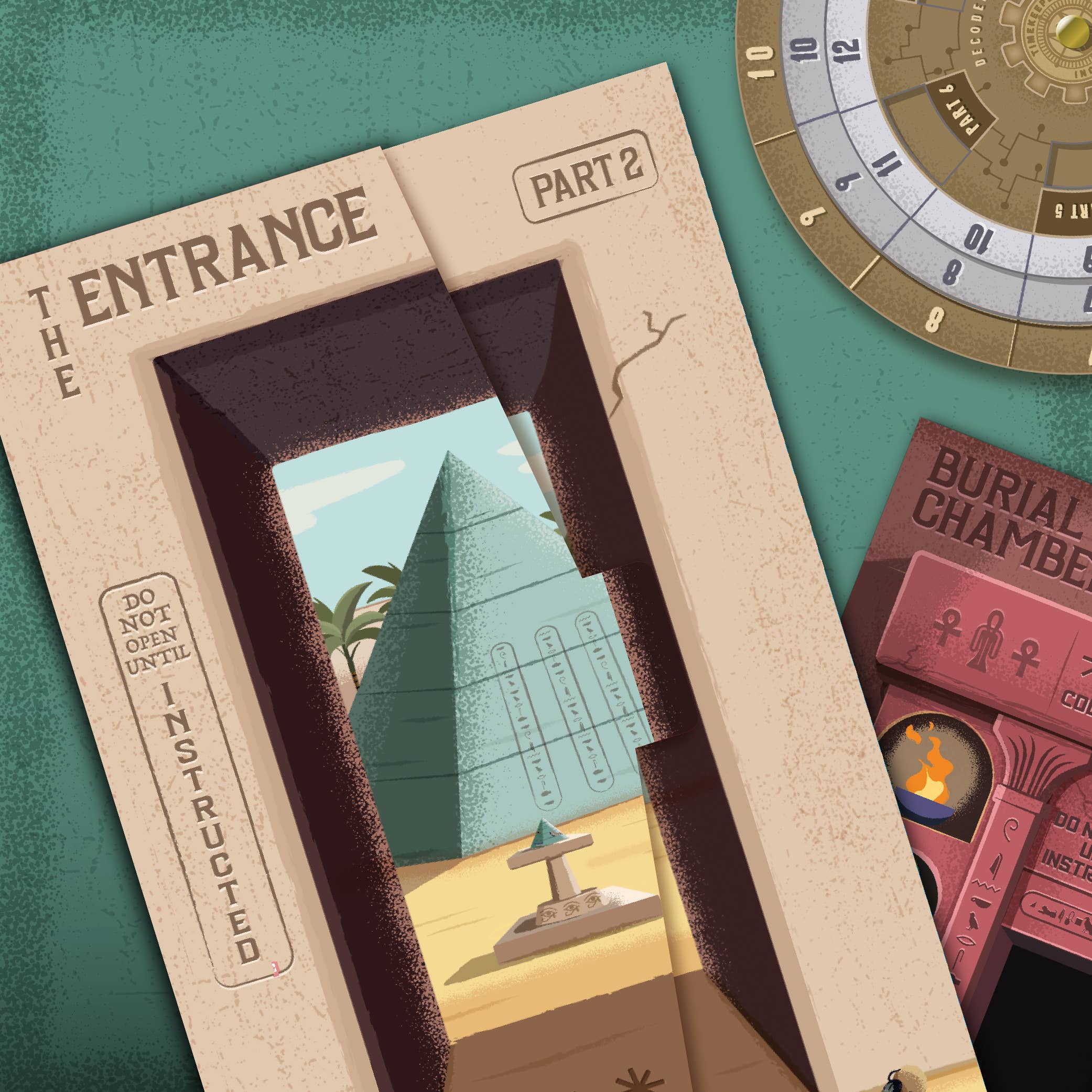 The Timescape: Cleopatra’s Curse Escape Room game booklet with pyramid, palm trees, and sundial on the cover.