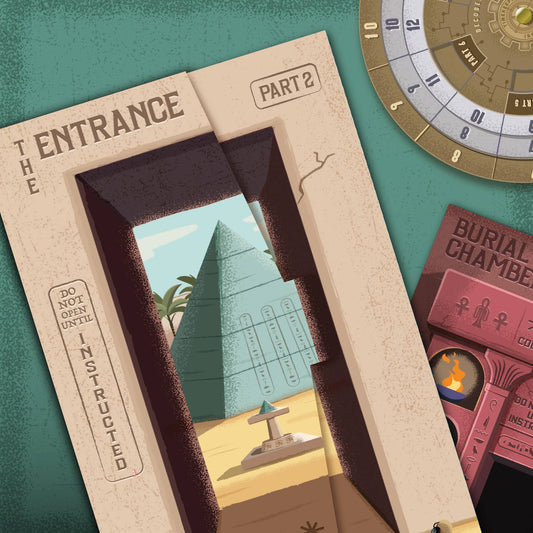 The Timescape: Cleopatra’s Curse Escape Room game booklet with pyramid, palm trees, and sundial on the cover.