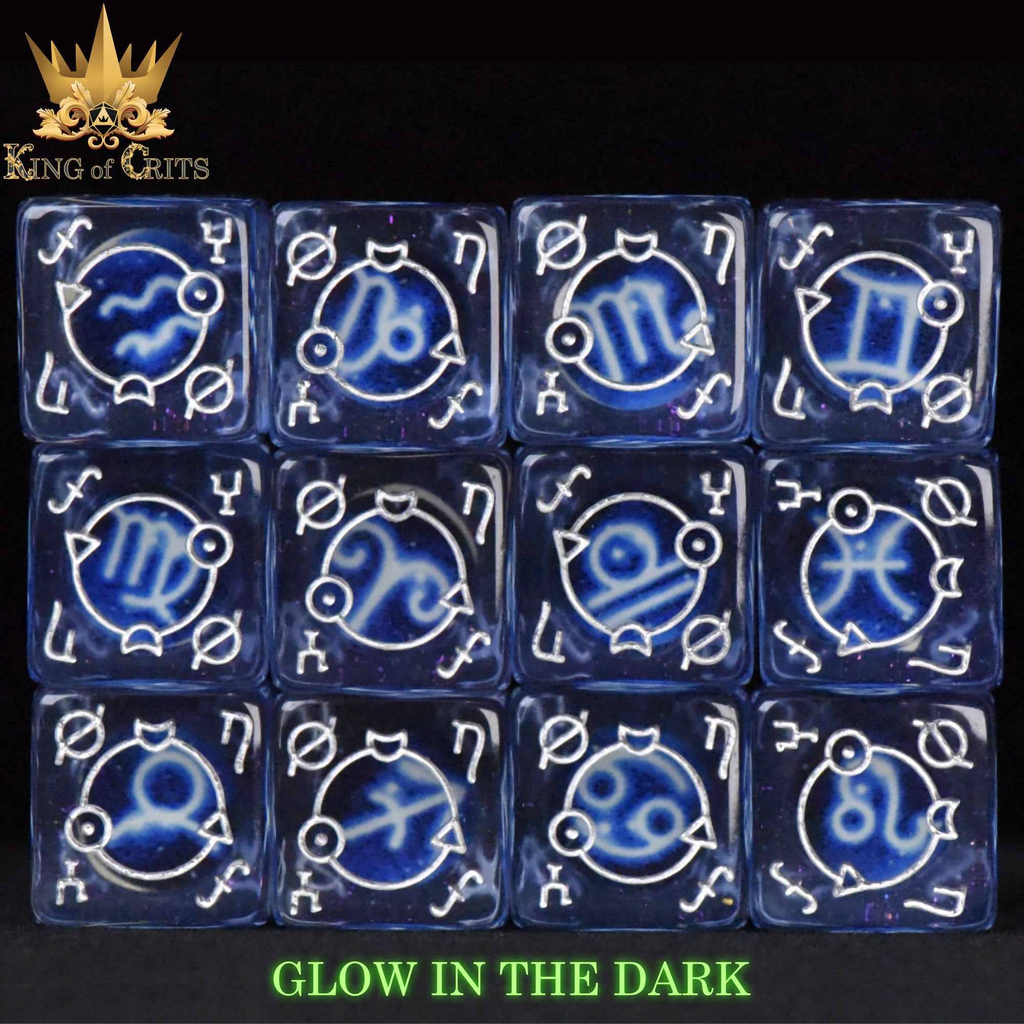 Zodiac Pack 12D6 Dice Set: twelve blue glow-in-the-dark dice with zodiac symbols and white markings.
