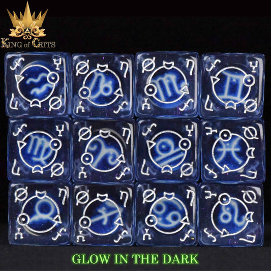 Zodiac Pack 12D6 Dice Set: twelve blue glow-in-the-dark dice with zodiac symbols and white markings.