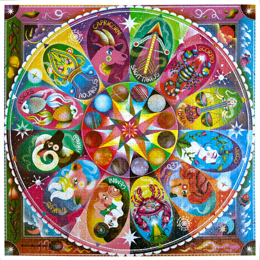 Horoscope 1000 Piece Puzzle with mandala zodiac wheel displaying all twelve signs and detailed illustrations.