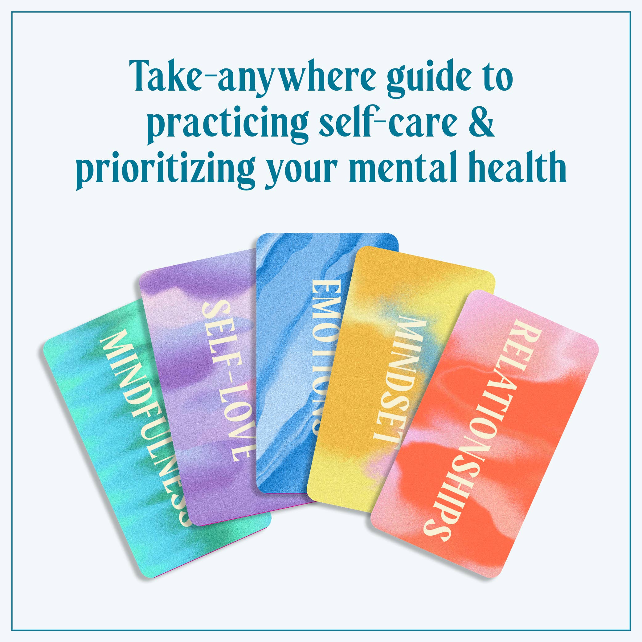 Pocket Therapy set with 5 cards: Mindfulness, Self-Love, Emotions, Mindset, Relationships.