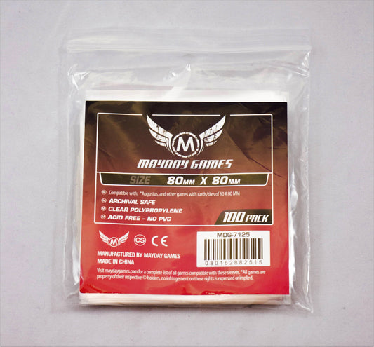 Medium Square Card Sleeves, 80x80mm, pack of 100 in clear packaging with logo, size 3.6 x 3.6 x 0.4 in.