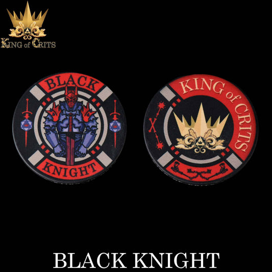 Black Knight - 11 Dice Set badges: one with red knight and sword, one with gold crown, both round.