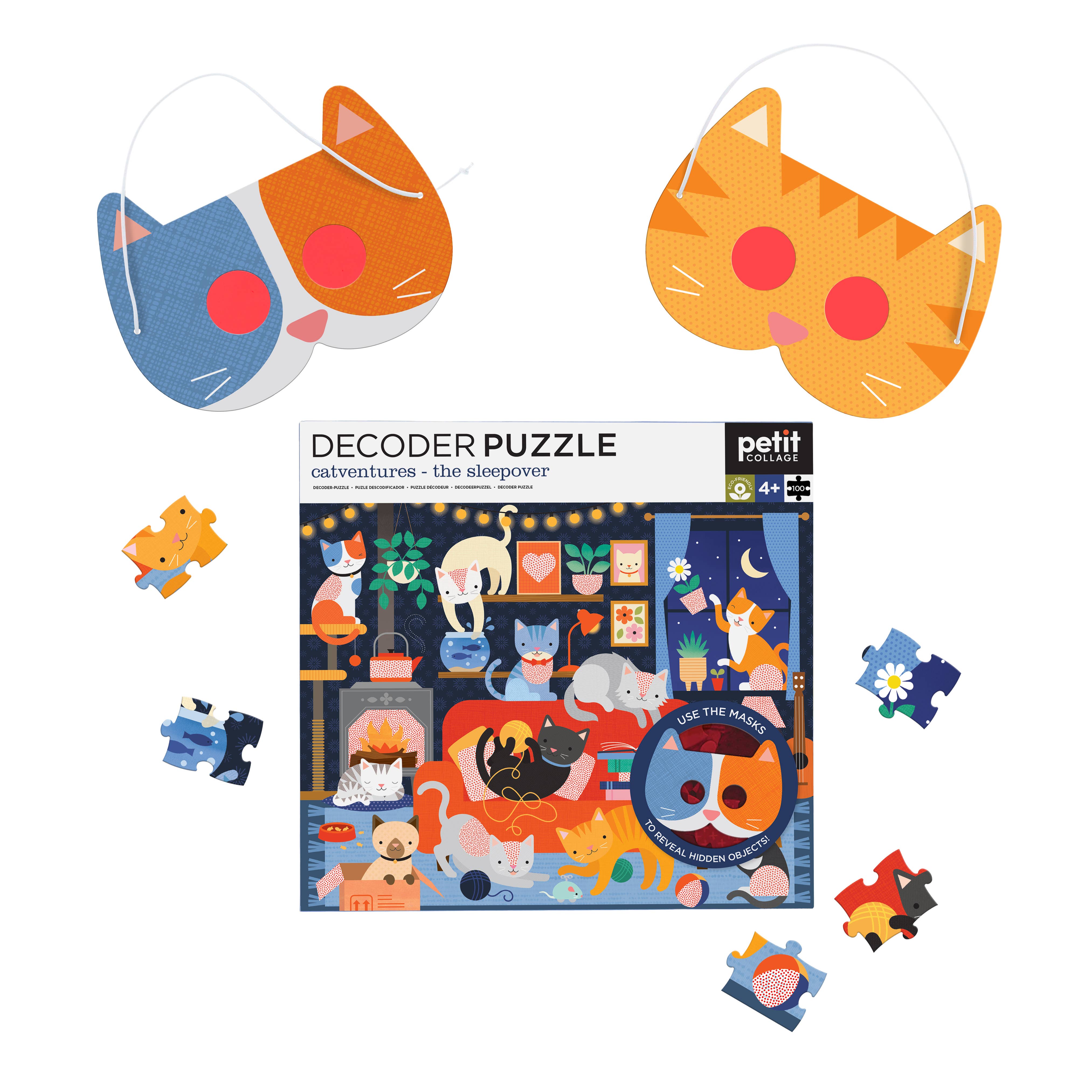 Catventures - The Sleepover 100-piece decoder puzzle, two cat masks, loose pieces.