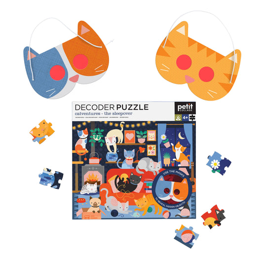 Catventures - The Sleepover 100-piece decoder puzzle, two cat masks, loose pieces.