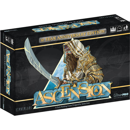 Ascension Deckbuilding Game 10 Yr Anniversary edition box with hooded, armored figure holding a sword on cover.