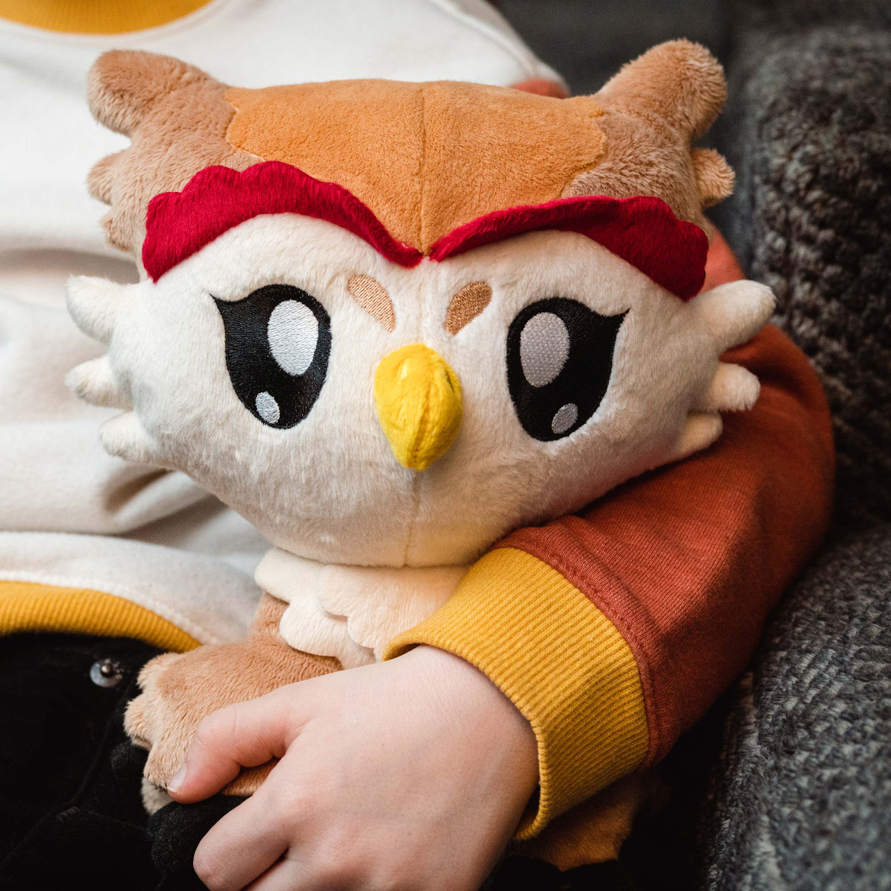 Owlbear Dawn 8 inch Plushie from the Campaign Critters Collection held by a child.