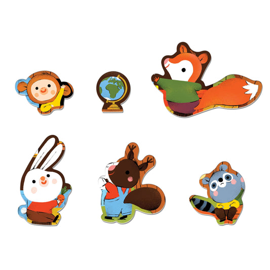 The Forest School 25 Piece Floor Puzzle with shaped pieces of six forest animals and a globe.