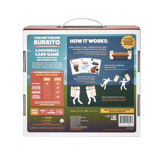 Back of Throw Throw Burrito Extreme Outdoor Edition box showing instructions, contents, stats, and cartoon burritos.