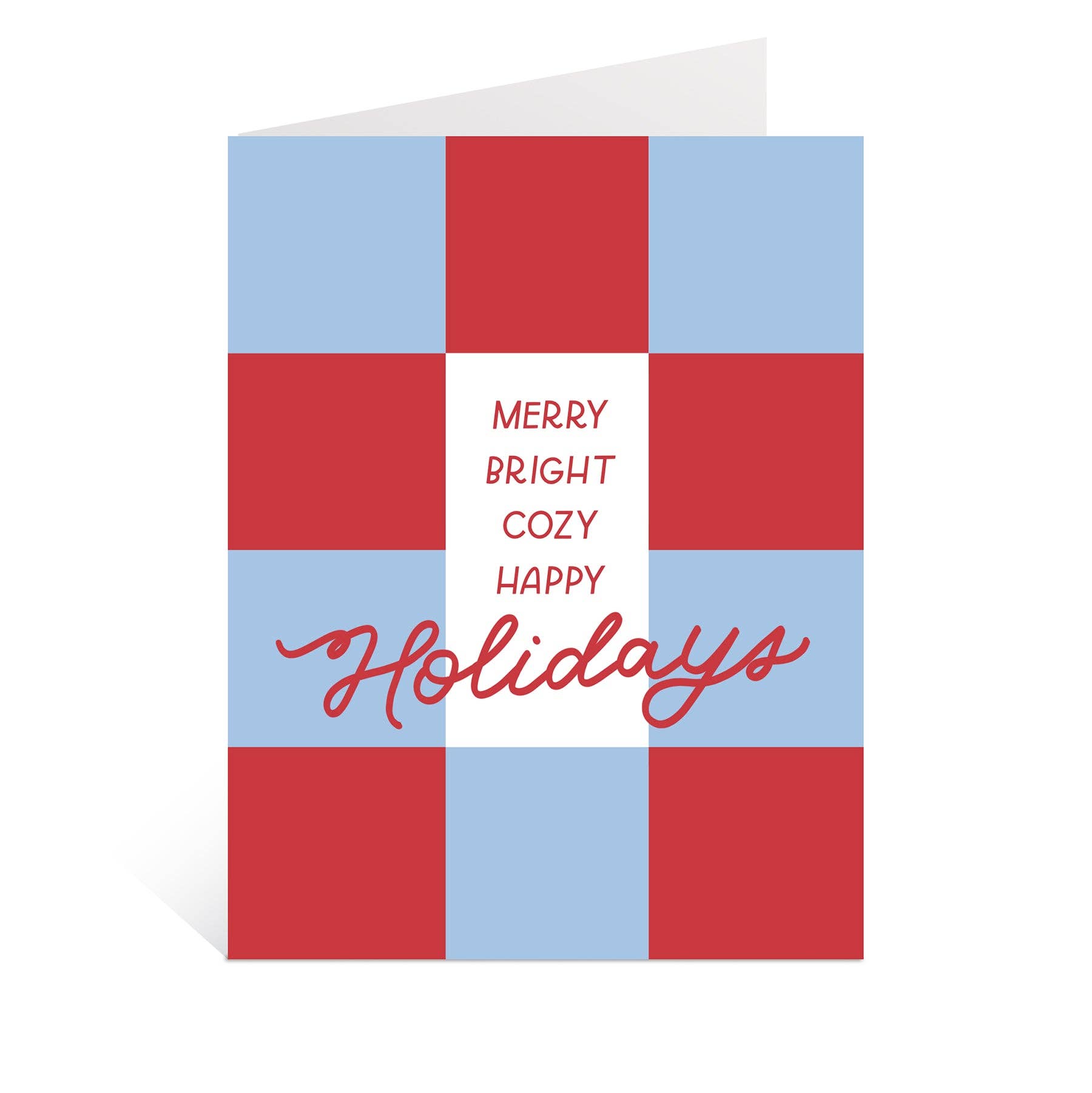 Greeting card featuring red and light blue checkered pattern with Merry + Bright + Cozy + Happy Holidays text.