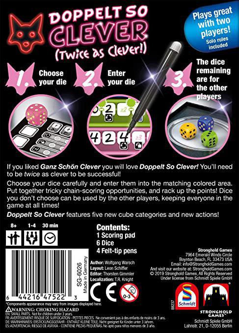 Box back of Twice As Clever (Doppelt So Clever) with instructions, game components, and colorful dice illustrations.