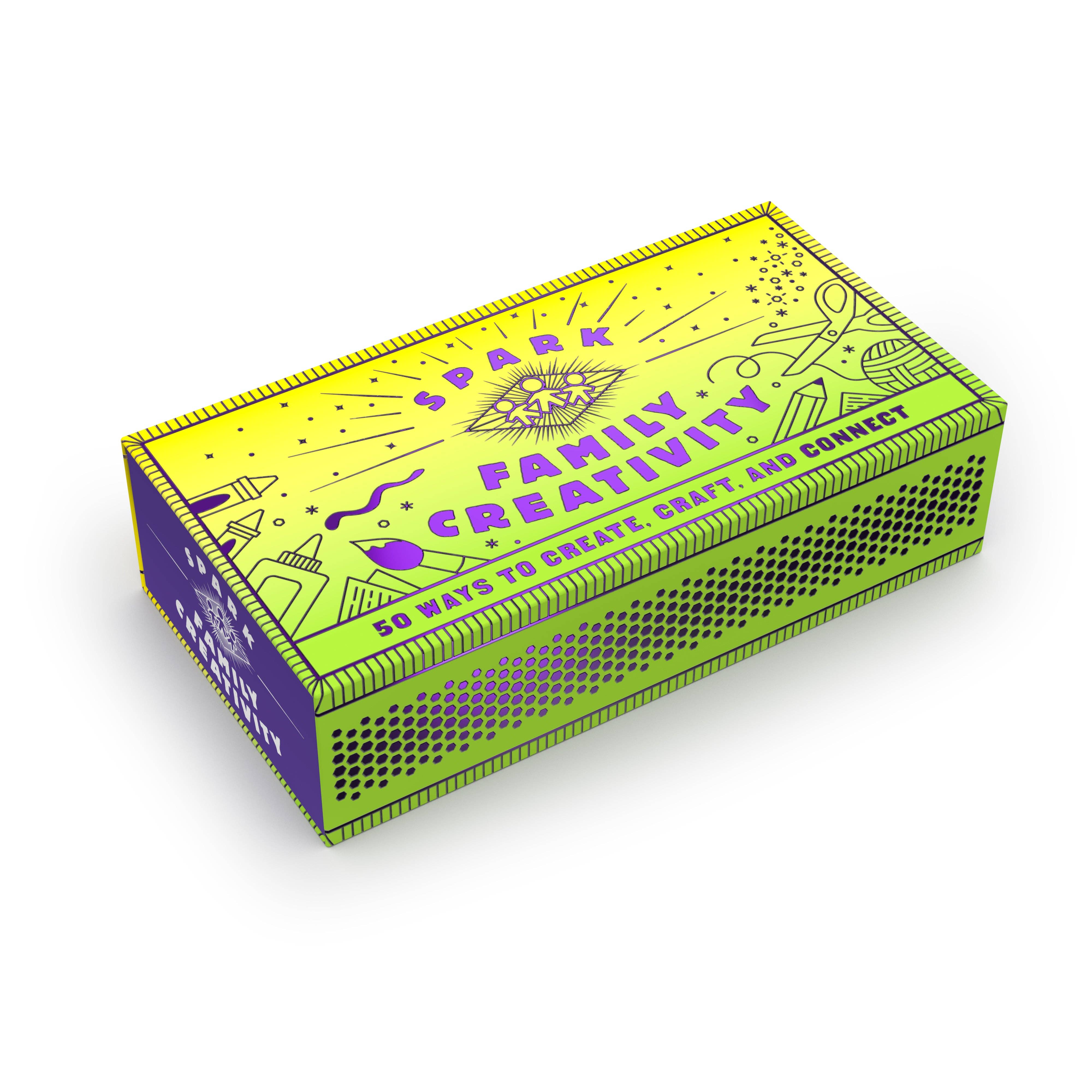Spark Family Creativity box with 50 screen-free family activity ideas and playful illustrations, yellow-green packaging.