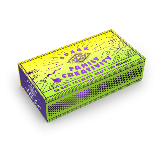 Spark Family Creativity box with 50 screen-free family activity ideas and playful illustrations, yellow-green packaging.