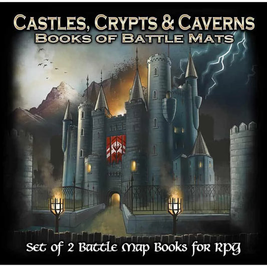 Book of Battle Mats: Castles, Crypts and Caverns cover with dark castle, red banners, and lightning.
