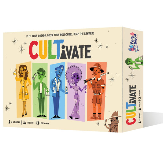 CULTivate board game box displaying character art and front-facing game information.