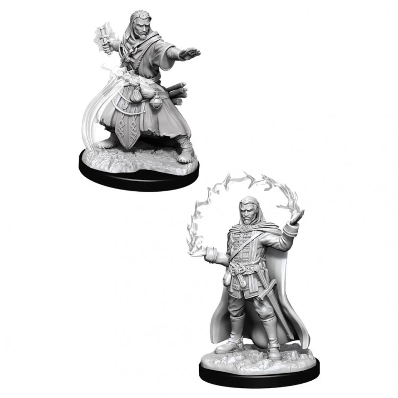 D&D miniatures: NMU Male Human Wizard W11 casting, and another figure with a flaming arc.