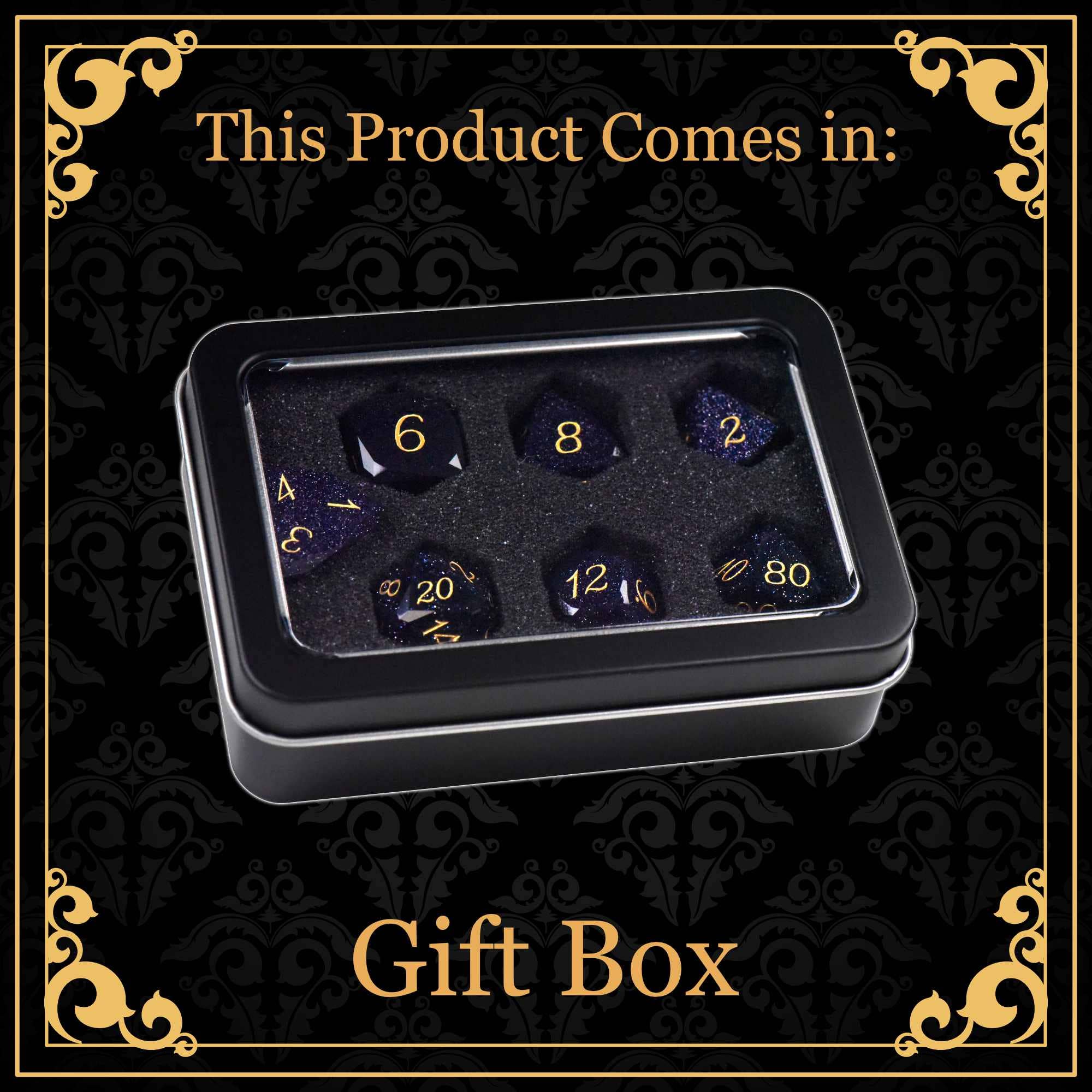 Gem Cut Prism set: 7 gold-numbered dice in a black gift box with a clear lid.