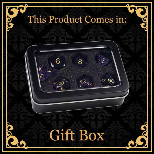 Gem Cut Prism set: 7 gold-numbered dice in a black gift box with a clear lid.