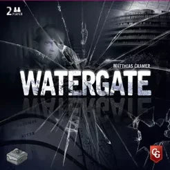 Watergate: White Box board game with cracked glass overlay and shadowy journalist and building in the background.