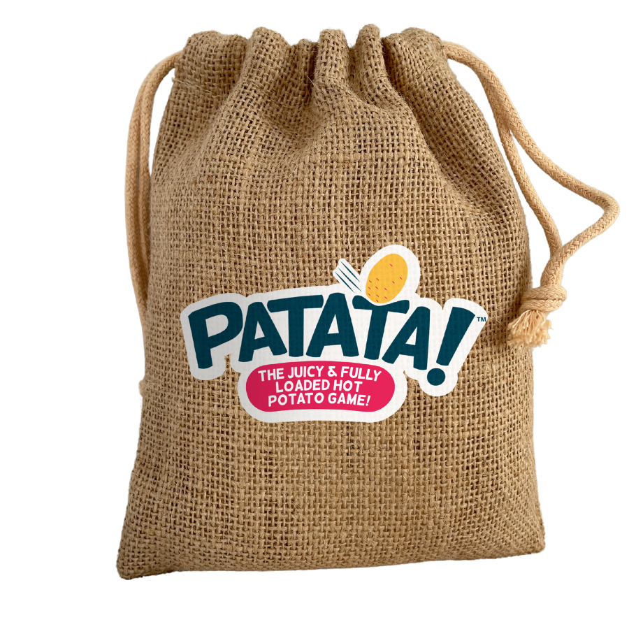 Burlap drawstring bag labeled Patata 18+: The Juicy & Fully Loaded Hot Potato Game.