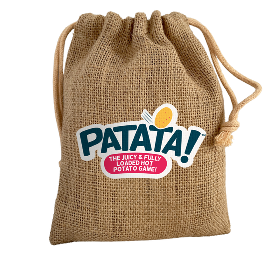 Burlap drawstring bag labeled Patata 18+: The Juicy & Fully Loaded Hot Potato Game.