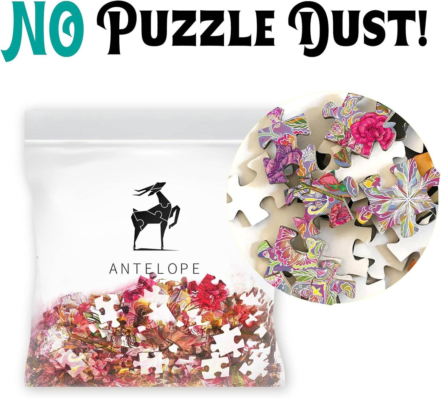 Clear bag containing colorful Mandalic Rose puzzle pieces; no visible puzzle dust.