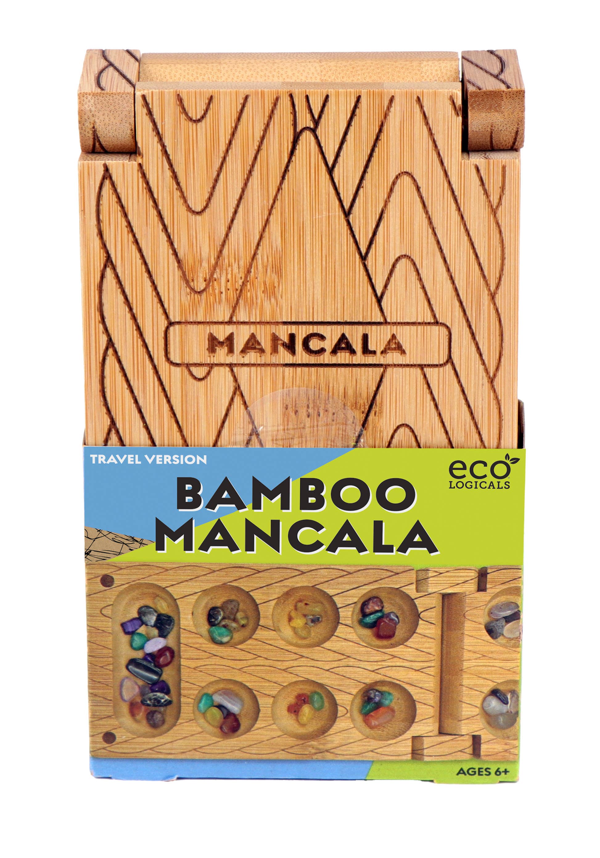Travel Bamboo Mancala Game with colorful stones and magnetic clasp, suitable for ages 6 and up.