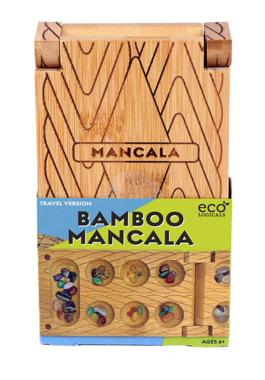 Travel Bamboo Mancala Game with colorful stones and magnetic clasp, suitable for ages 6 and up.