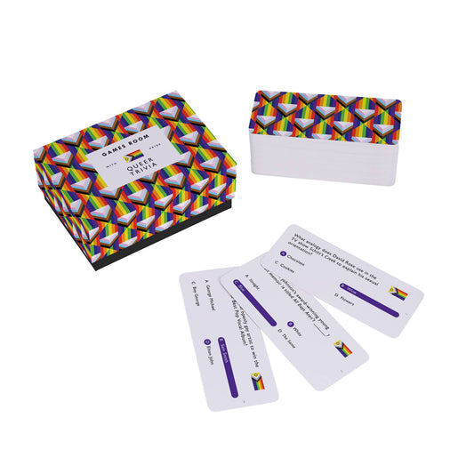 Queer Trivia game box and stack of LGBTQIA+ trivia cards.