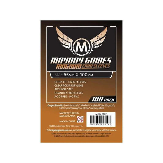 Mayday Games card sleeves, 65mm x 100mm, 100 pack, acid free, archival safe, brown/black with white text.