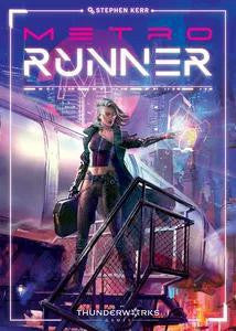 Metrorunner product packaging featuring futuristic woman on stairs before cityscape; Metrorunner text visible.