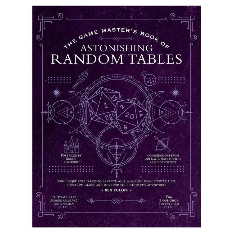 Dungeons & Dragons 5E: Book of Random Tables, purple cover with dice and fantasy design elements.