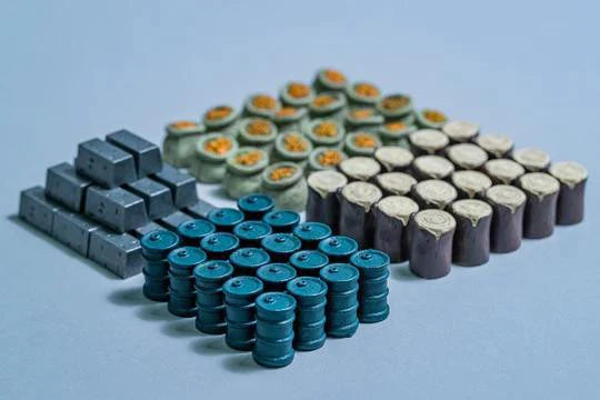 Scythe Realistic Resource Tokens including miniature barrels, crates, and goods on a light blue surface.