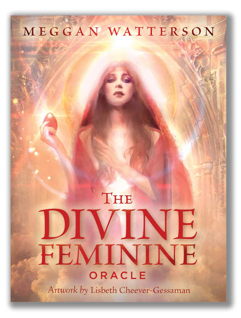 The Divine Feminine Oracle Deck by Meggan Watterson featuring a woman in red with a halo holding an egg.