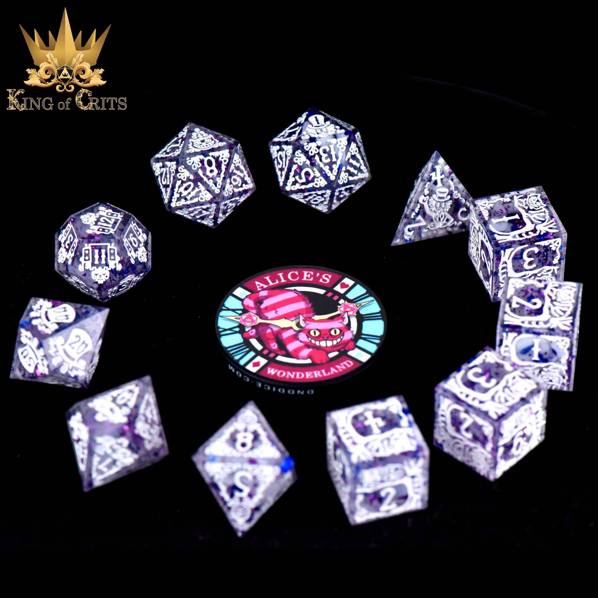 Alice’s Wonderland 11-dice set: sharp-edged purple dice, white engravings, and Cheshire Cat emblems.