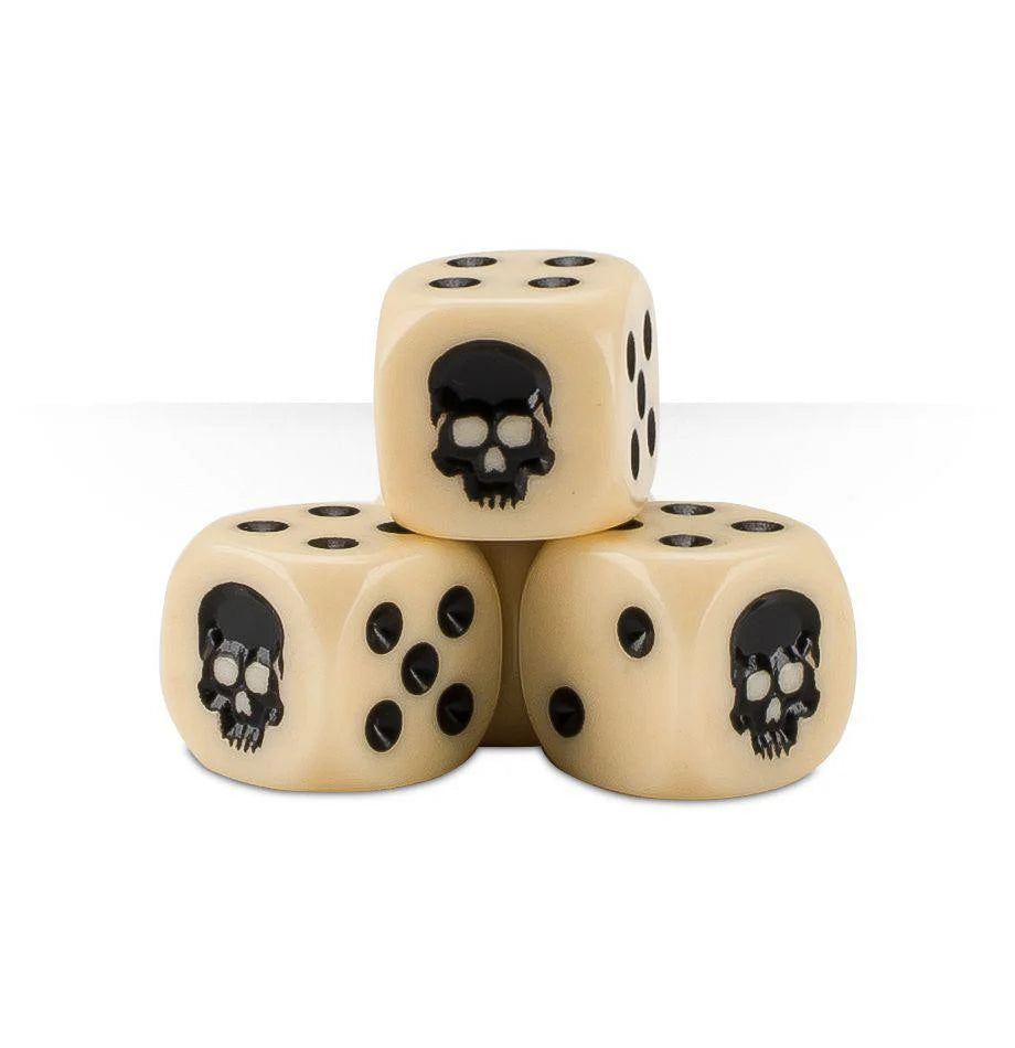 Three Warhammer 12mm Bone dice with black dots and skulls.
