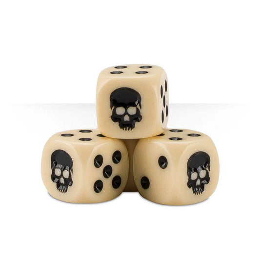Three Warhammer 12mm Bone dice with black dots and skulls.