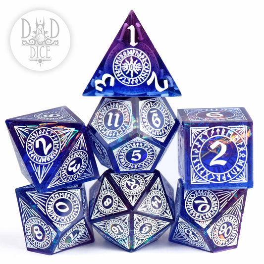 Helheim Hold (Handmade) 7-dice resin set with white details, stacked together.
