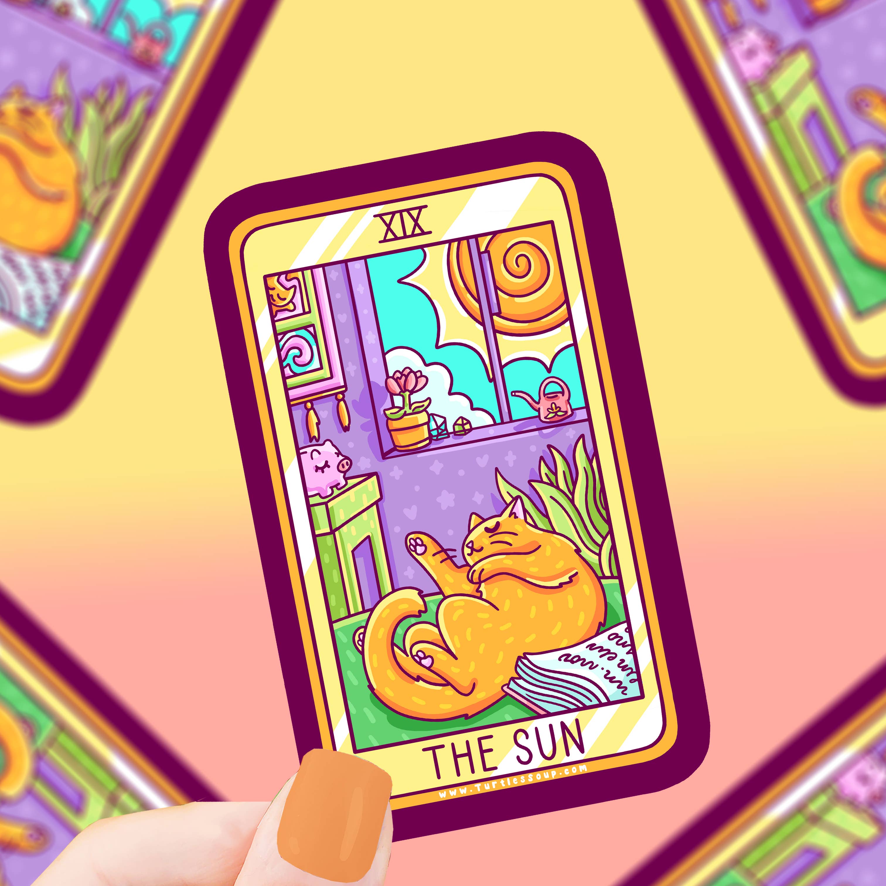 Waterproof vinyl sticker of The Sun Cat Major Arcana Tarot Card with an orange cat in sunlight.