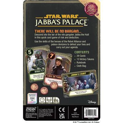 Jabbas Palace: A Love Letter Game box back with game contents, cards, and instructions visible.