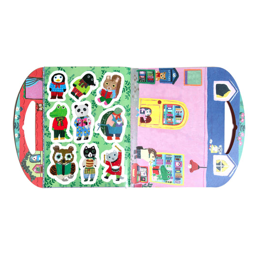 Open Cats Apartment Stickers book featuring animal stickers and a house scene.