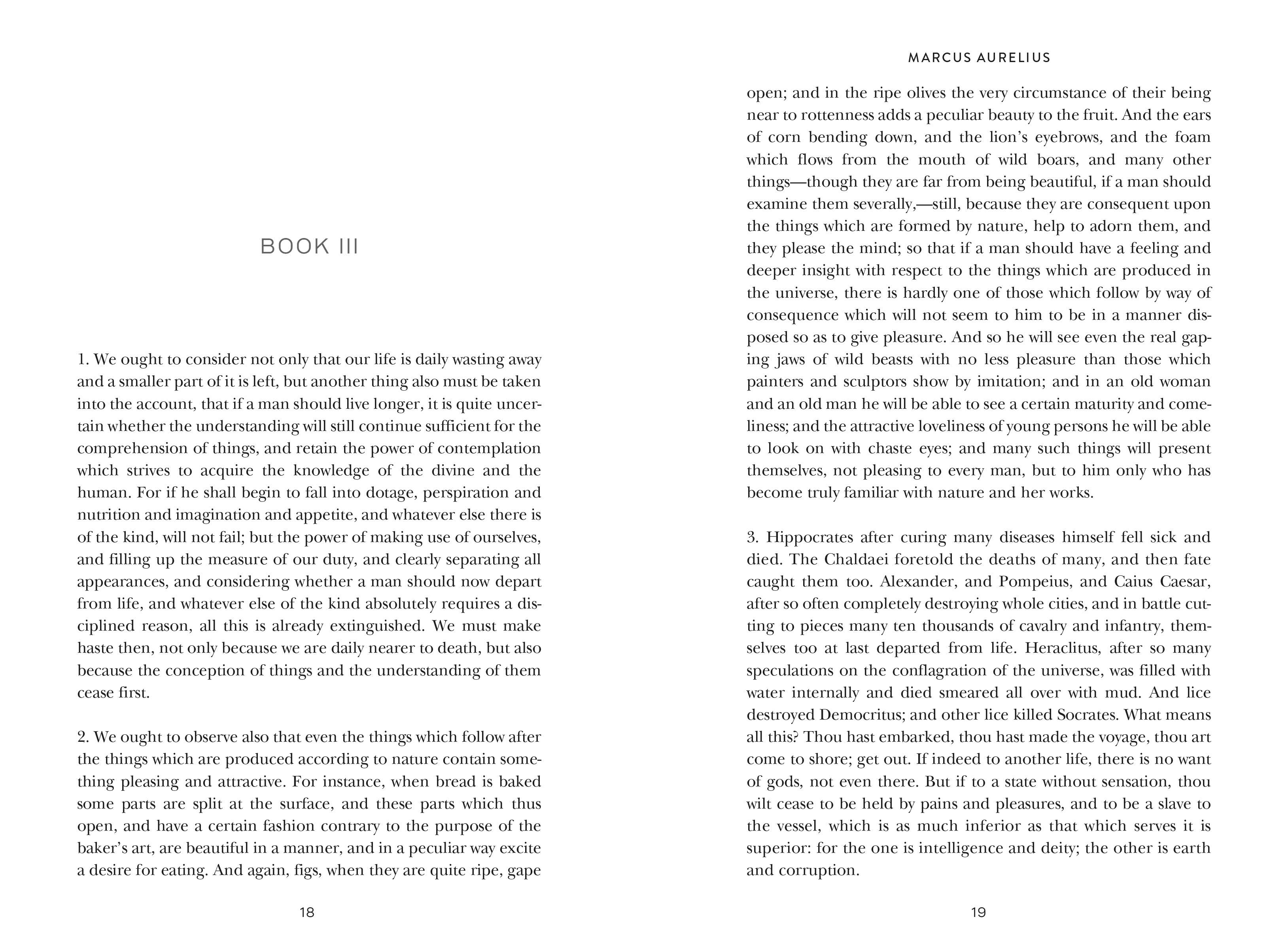 Open copy of Meditations by Marcus Aurelius displaying Book III on pages 18 and 19.