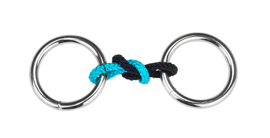 Matchbox Puzzles: Two metal rings connected by a knotted black and blue rope.