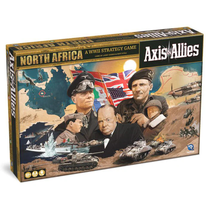 Axis & Allies: North Africa board game box with illustrations of WWII military leaders, tanks, ships, and flags.