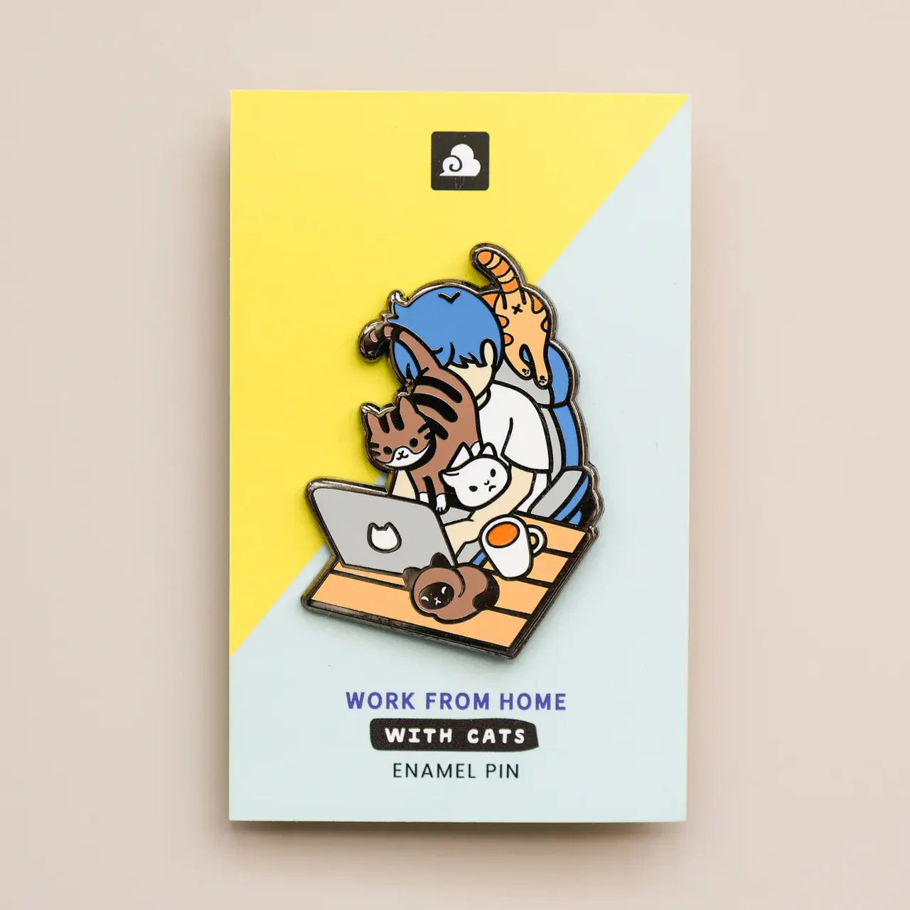 Work From Home with Cats enamel pin featuring a person at a laptop with four cats.